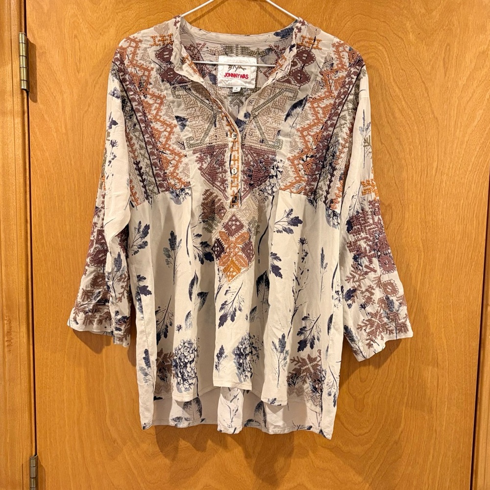 Johnny Was BIYA Women's Silk Embroidered Bohemian Top
